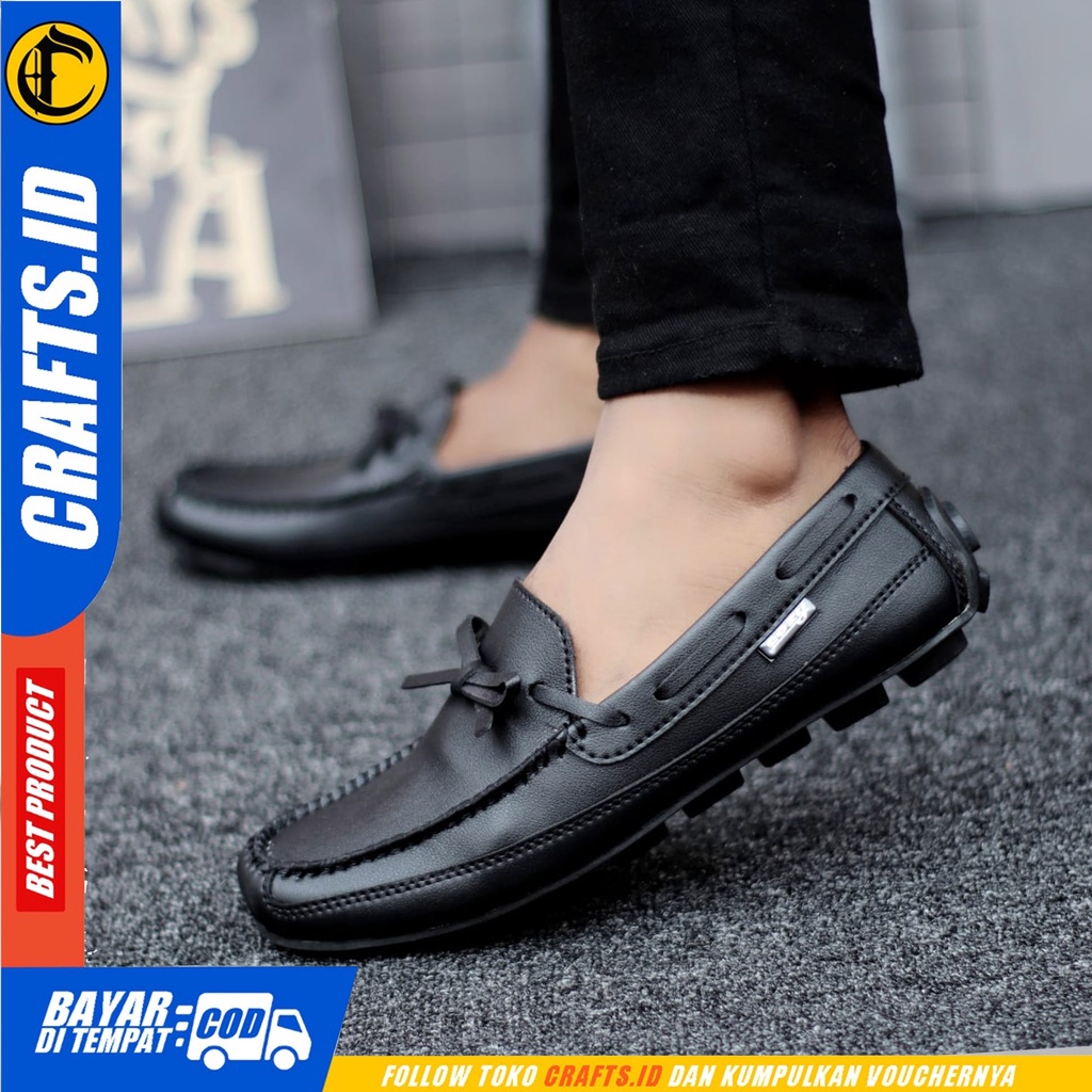 HOUSTON Sepatu Slip On Pria Kulit Asli Sepatu Pria Casual Pantofel Kerja Sepatu Kasual Santai Kuliah Kondangan Semi Formal Gaya Keren Kekinian