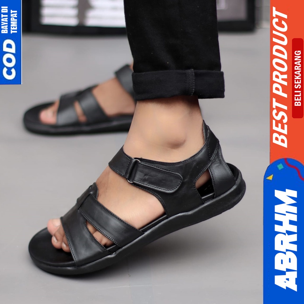 Sandal Slide Pria Casual Kulit Asli Sendal Selop Pria Hitam Abrhm Frankie