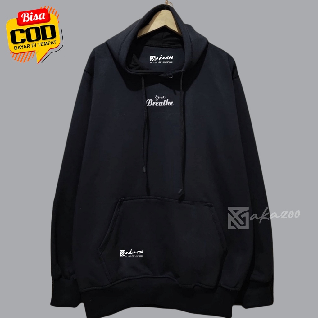 switer distro pria original bandung AKAZOO warna hitam just breathe tulisan putih hodie pria sweater oversize wanita korean style hoodie polos jumbo oversize murah hodie cowok distro simple keren  hoodi pria terbaru 2021 umisex m l xl xxl premium  akazoo