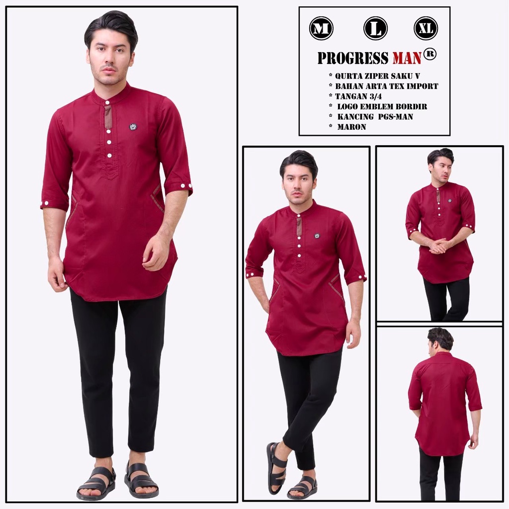 PROGRESS MAN Baju Muslim Pria Dewasa Premium  Kurta V  Koko Cowok Original Lengan Tiga Perempat kurta Pakistan Terbaru Lebaran 2023 Warna V MAROON