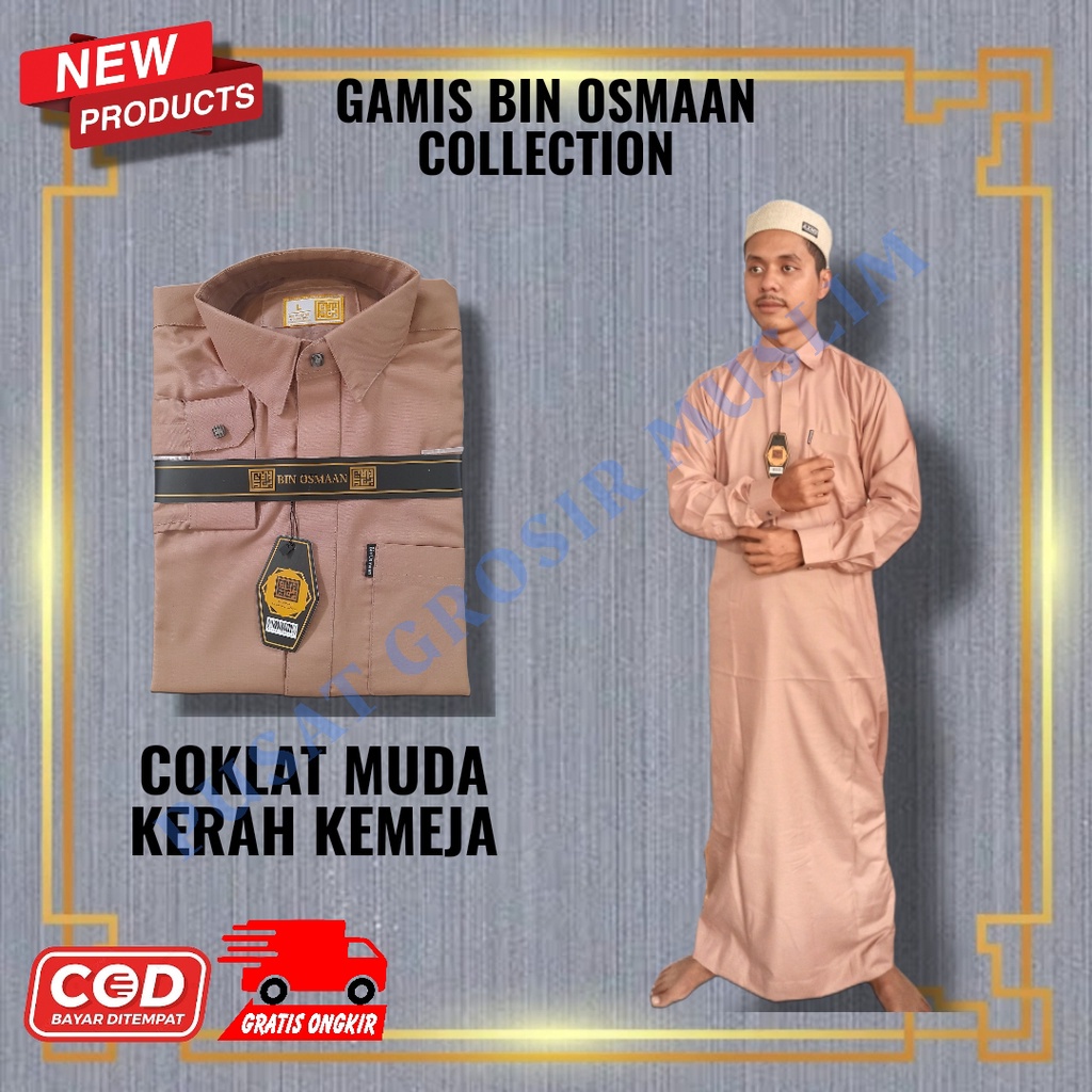 Jubah Pria Gamis Bin Usman Coklat Muda / Jubbah Mewah Model Terbaru Gamis Bin Osmaan Kerah Kemeja