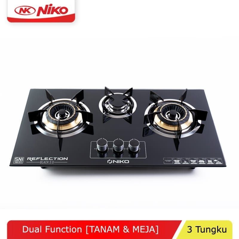 NIKO RG 20T  /  3 Tungku  REFLECTION GOLD  BLACK Kompor Gas Kaca  2 Tungku