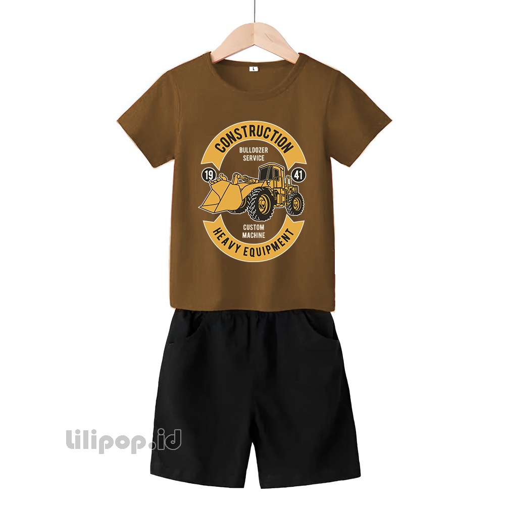 Baju Anak Stelan Kaos 3/4 bulldozer Cowok Cewek  Usia 2 - 7 Tahun Celana Pendek Harian