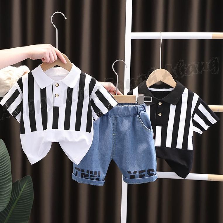 PAKAIAN SETELAN KAOS POLO ANAK LAKI-LAKI IMPORT MURAH GROSIR BAJU ANAK TANAH ABANG KAOS HITAM PUTIH 