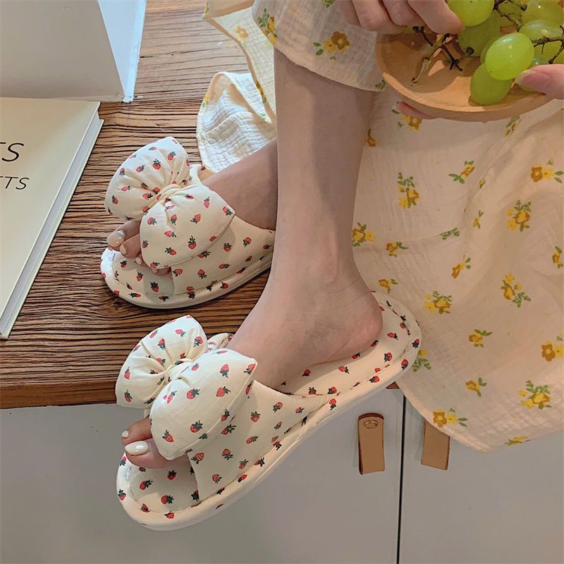 Sandal katun linen wanita musim panas gadis imut busur hati dalam ruangan rumah tangga sandal linen