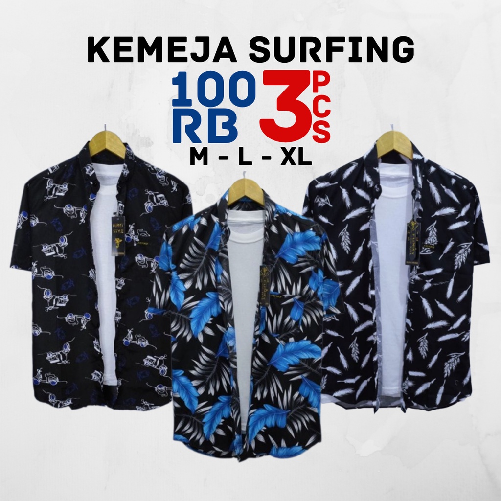 Paket Hemat Kemeja Pria Lengan Pendek Motif Pantai Surfing Distro Best Quality