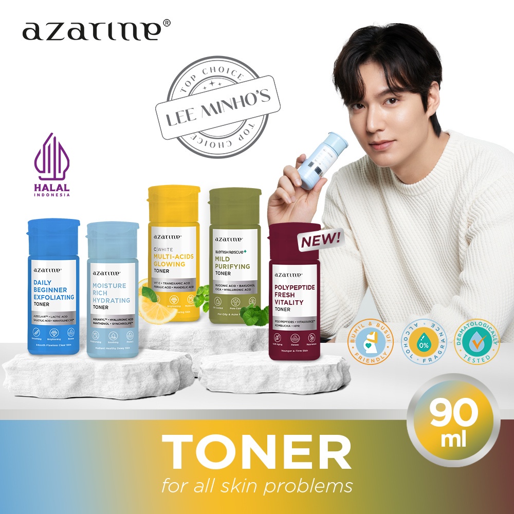 AZARINE TONER 90ml SEJUTA UMAT  MULTI ACIDS GLOWING MILD PURIFYING  MOISTURE RICH HYDRATING  DAILY BEGINNER EXFOLIATING