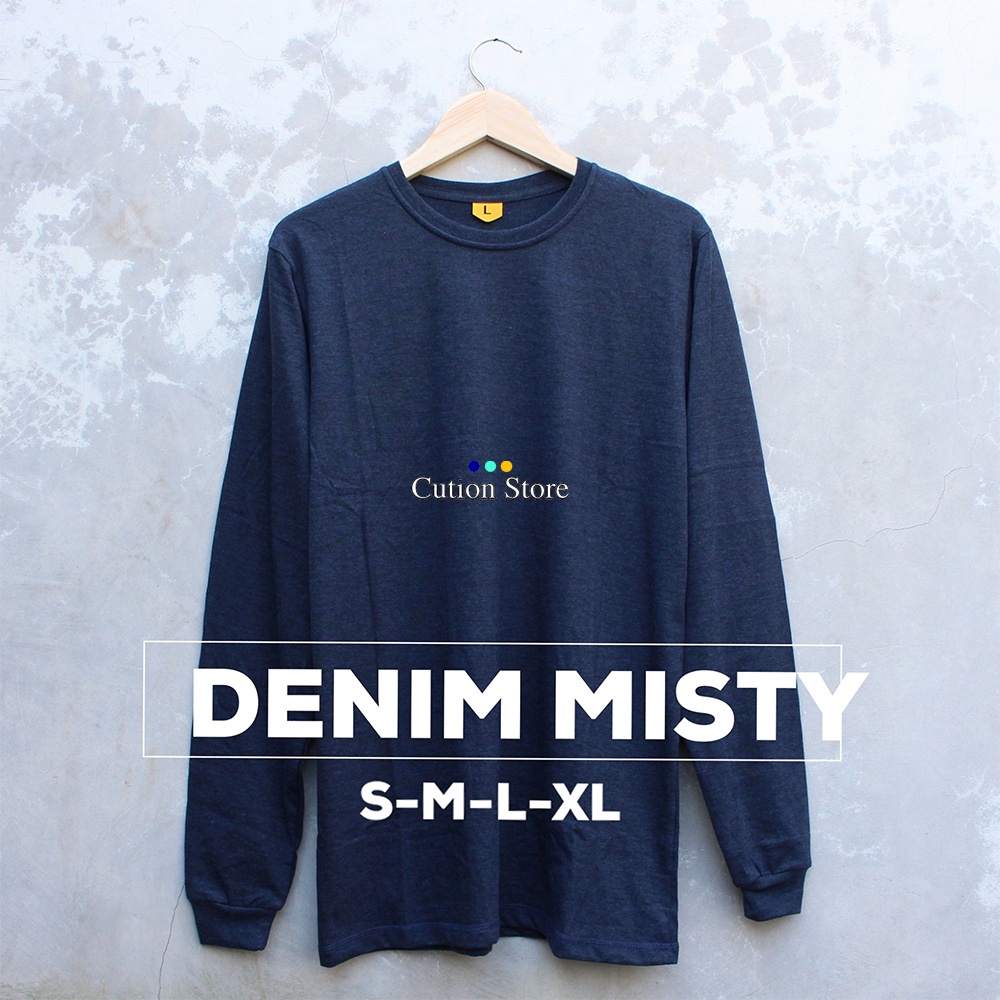 Kaos Polos Lengan Panjang Pria Denim Misty Cotton Combed 30s - Baju Polos Lengan Panjang Biru Denim