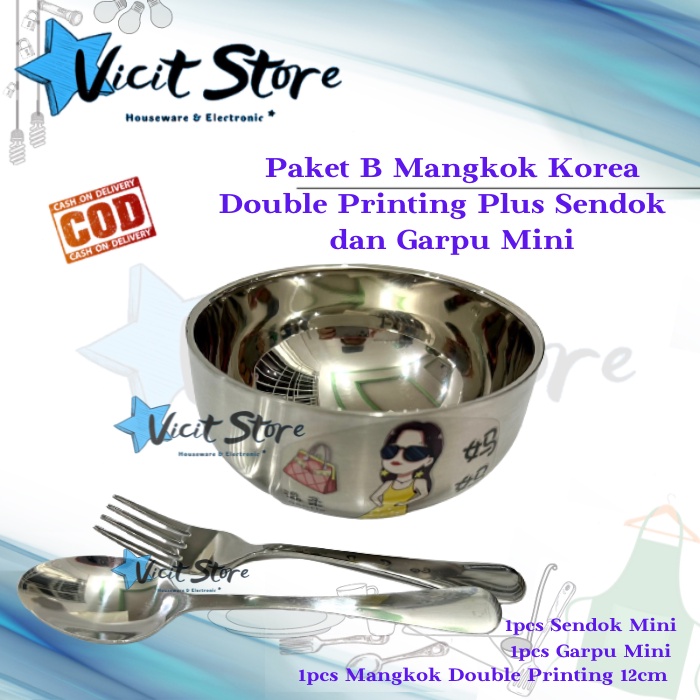 Paket Mangkok Korea Double Printing + Sendok Eskrim / SendokGarpu Mini