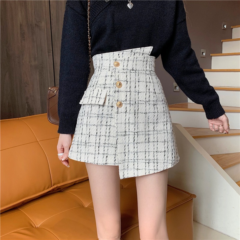 Rok Pendek Korea kotak-kotak Rok Celana Highwaist A-line Kekinian Straight Vintage Mini Skirt