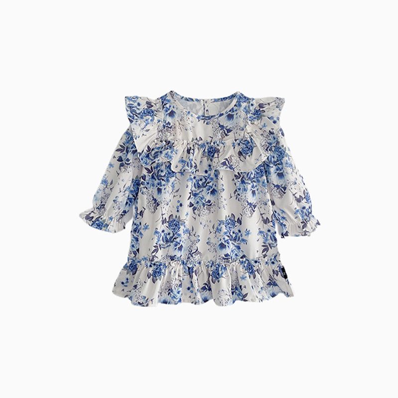 Dress Fashion Import Anak Perempuan - Putih Motif Bunga Biru