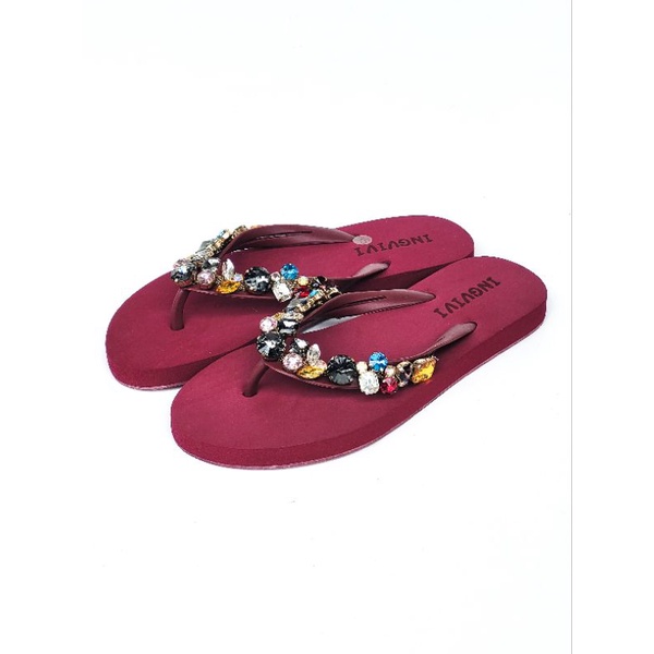 Ingvivi Swarovski Bulat Flat Sandal Jepit Wanita Karet Import Manik Berlian Motek