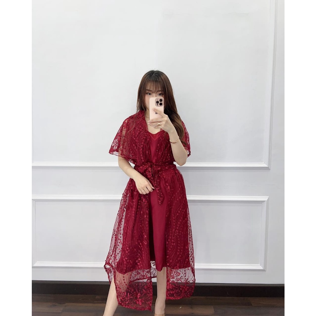 PCS DRESS SYERRI KR FASHION PAKAIAN WANITA GAUN BAHAN VELVET KOMBI BRUKAT TILE