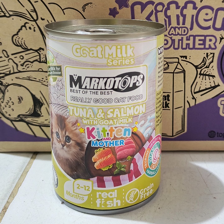 EXPEDISI ( 24 KALENG / 1 DUS ) Makanan Kucing Markotops Kaleng Kitten Tuna &amp; Salmon With Goat Milk 400G Wet Food