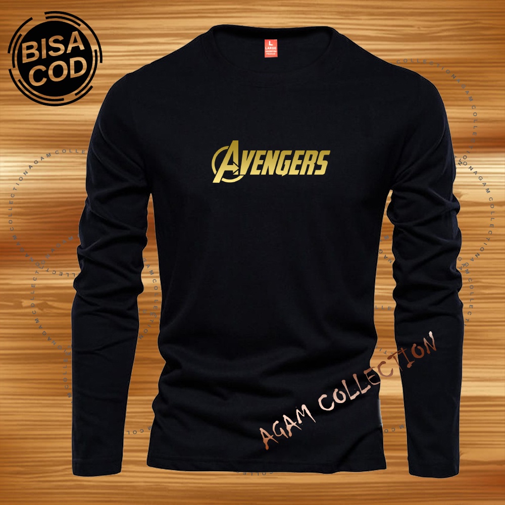 Agam Collection Baju Kaos Distro Avengers  Text Gold  Lengan Panjang Premium Quality Kaos Pria Keren Kaos Cewek/Cowok