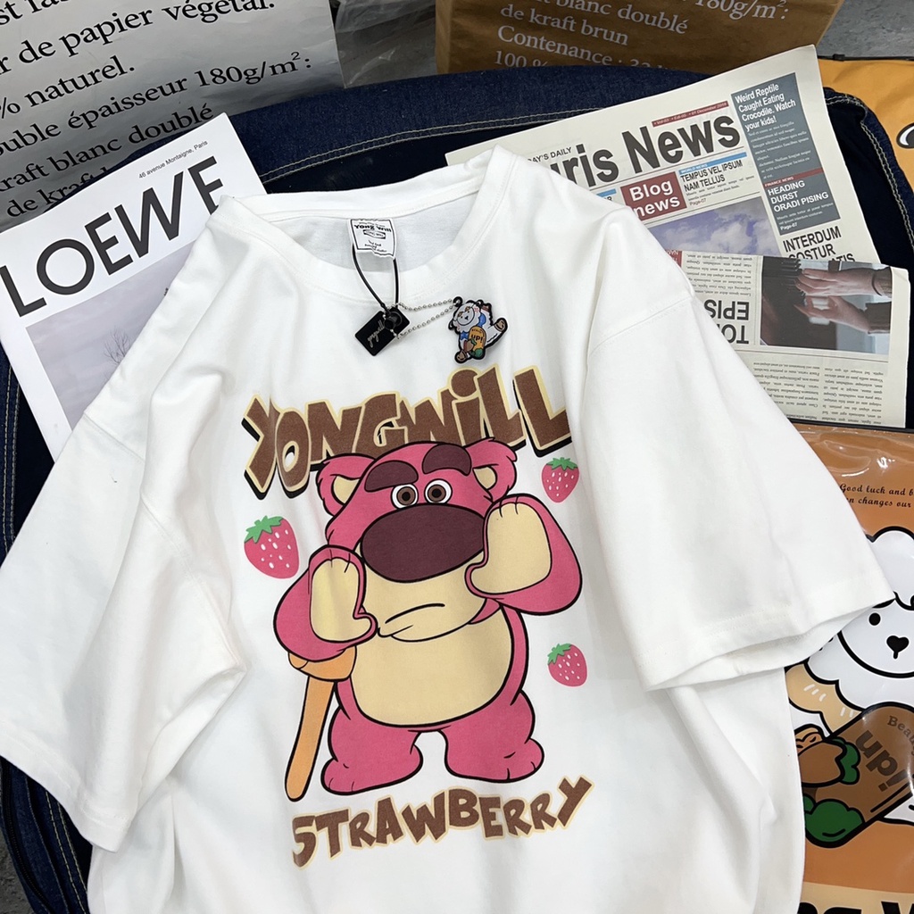 Terbaru Kaos Atasan Wanita Lengan Pendek Oversize T-shirt Impor (strawberry bear)