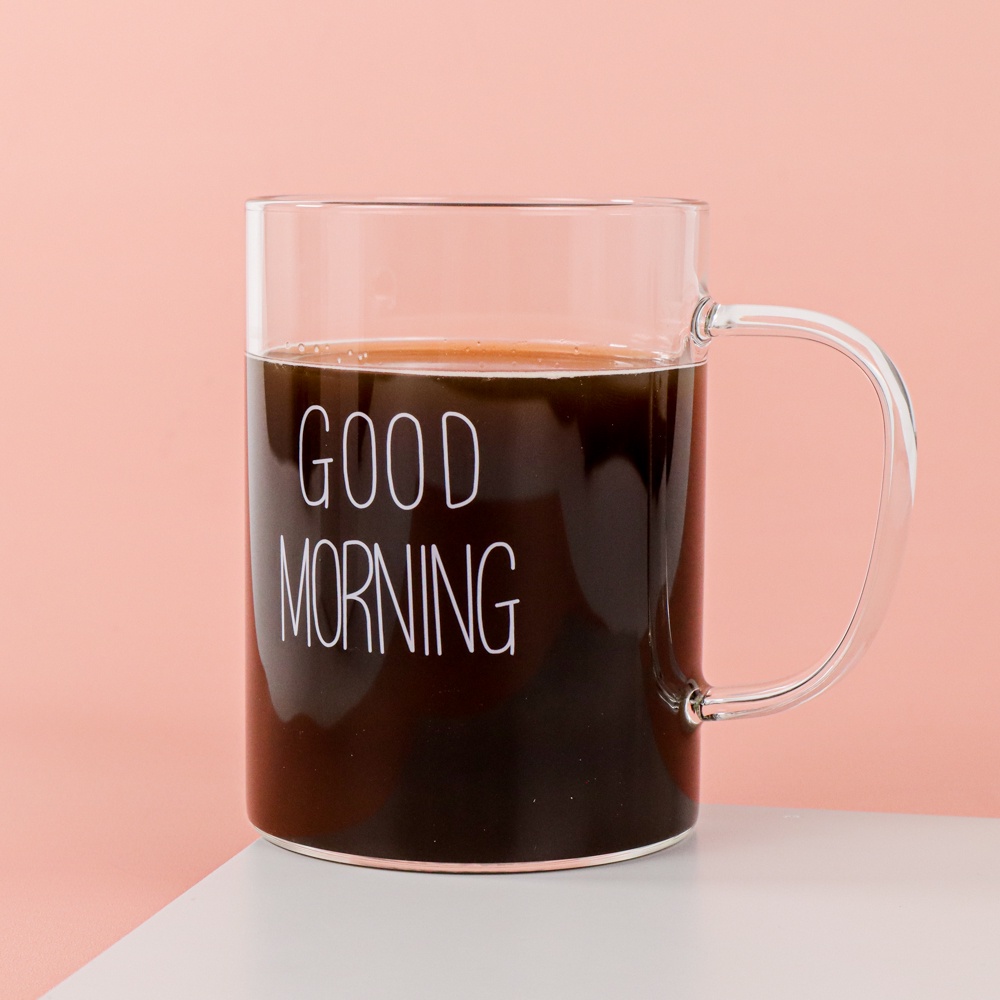 GUI8 One Two Cups Gelas Glass Coffee Mug Desain Good Morning 400 Ml Md19 White ORi-I