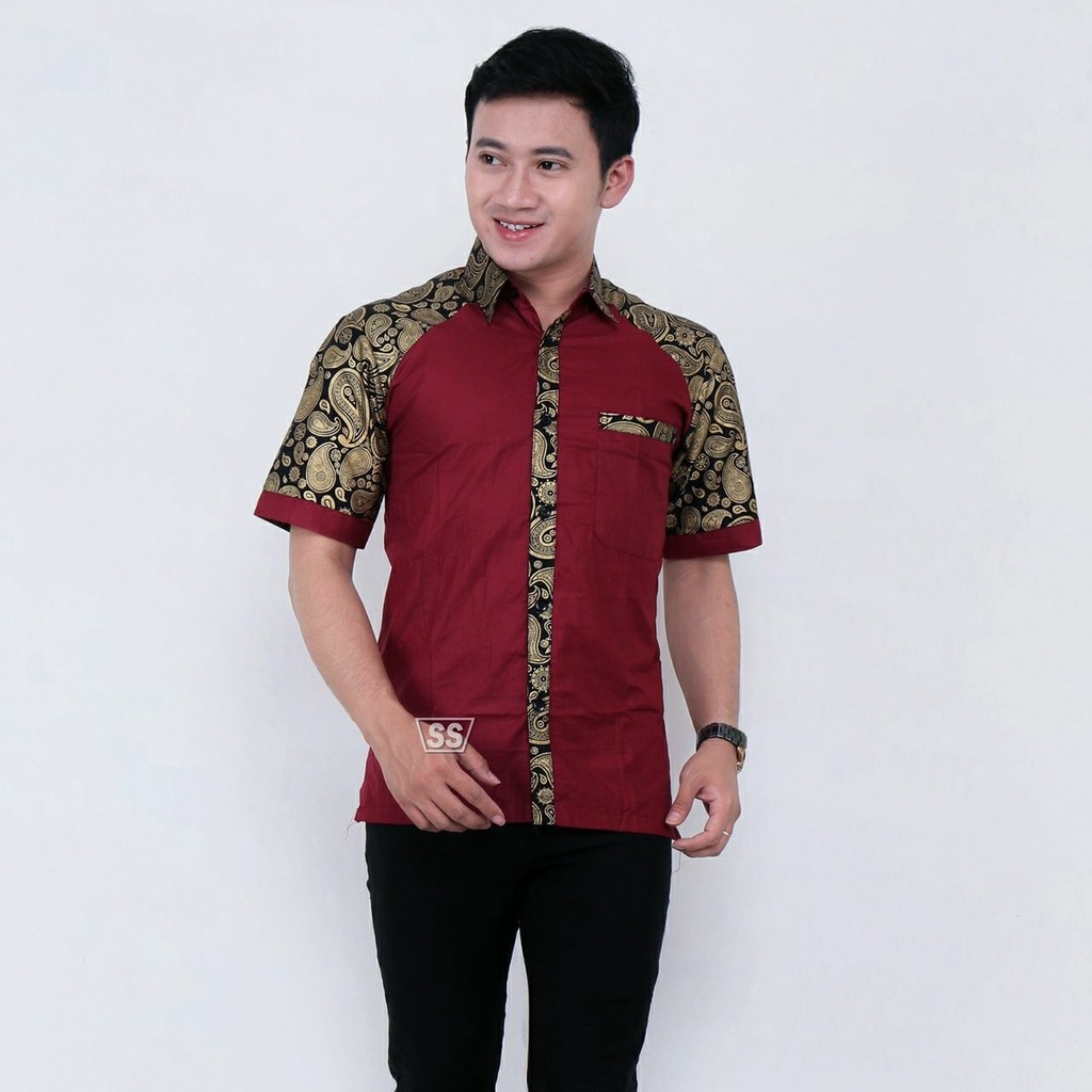 baju koko lengan pendek merah maroon terbaru batik veldanava pekalongan