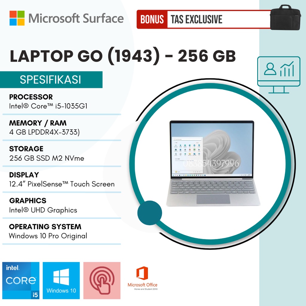 TEKNO KITA - MICROSOFT SURFACE LAPTOP GO - CORE I5-1035G1 - 4GB DDR4 - SSD 256GB - INTEL UHD GRAPHICS - WIFI6 - 12.4&quot; PIXELSENSE TOUCH SCREEN - WINDOWS 10 ORIGINAL - SILVER - GARANSI 1 TAHUN