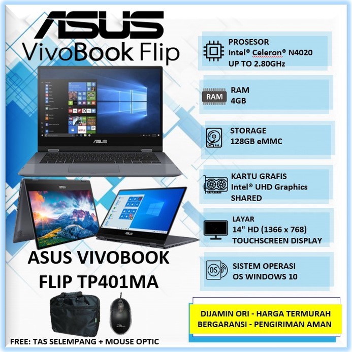 Laptop Tablet Asus Vivobook Flip Intel N4020 4GB 128GB 14" Touchscreen Windows 10 Home