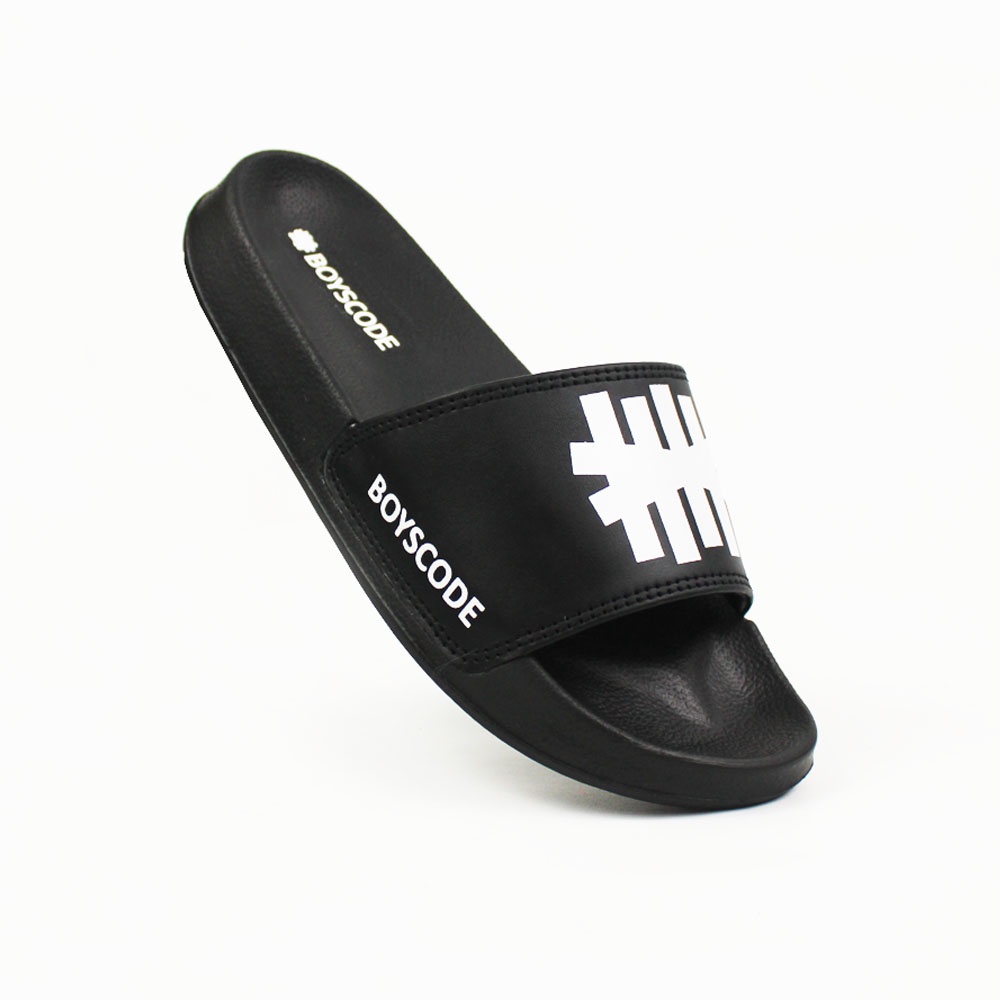 Sendal Selop BOYSCODE Logo Petir Hitam Pria Wanita / Sandal Slide Cowok / Sandal Slip On / Sandal Di