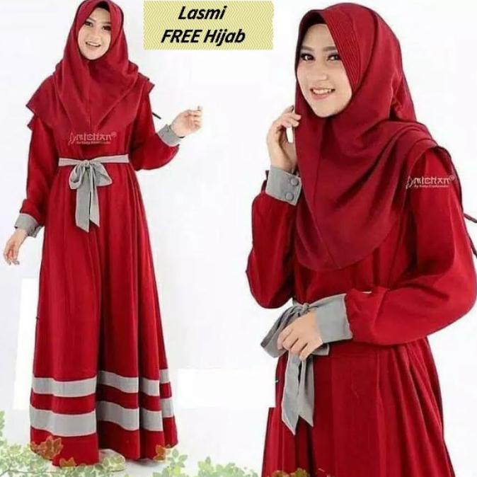 MURAH Dress Gamis Wanita Syari Kondangan Polos Busui LASMI Warna MERAH ABU