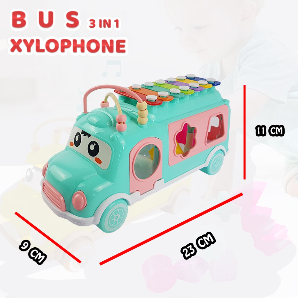 Mainan Bus Xylophone Mobil / Mainan 3in1 Musik/ Sorting Bentuk dan Alur kawat/ Mainan Anak Edukasi YE20