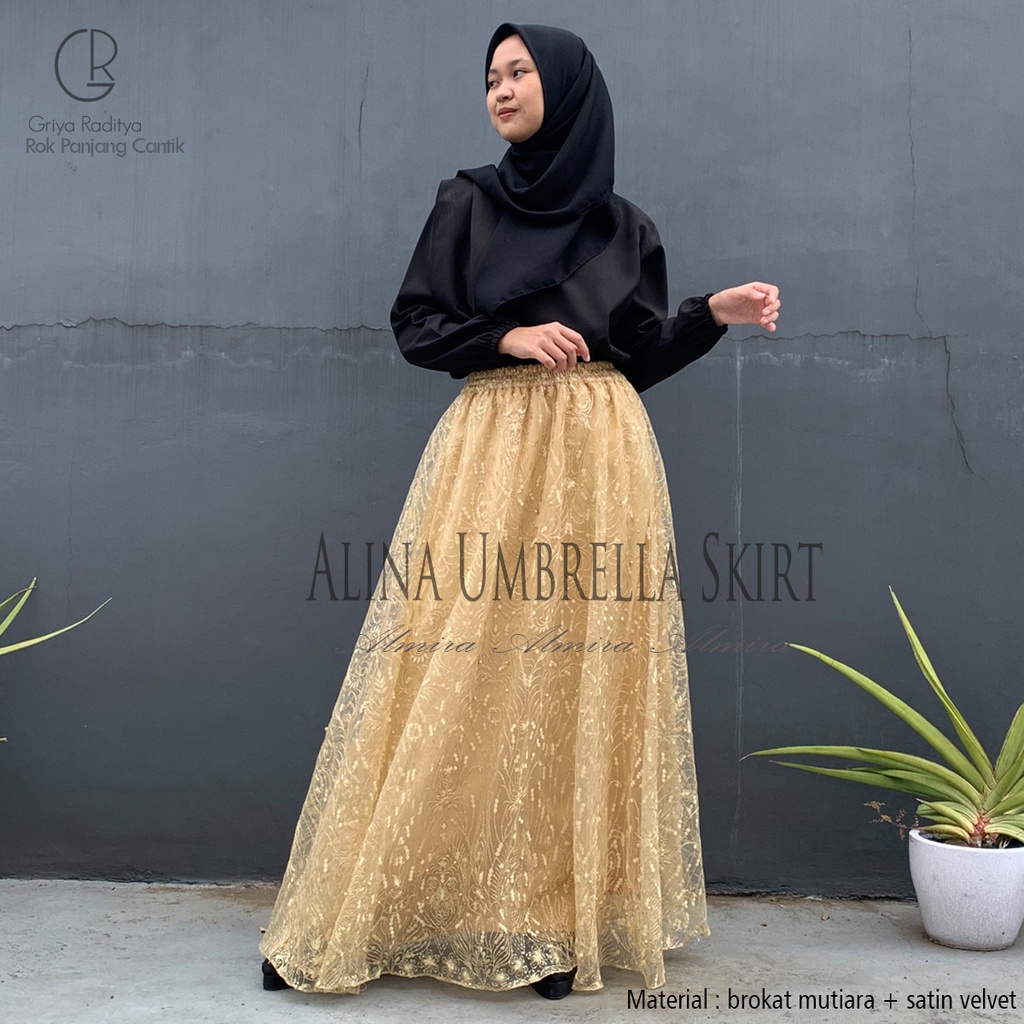 Rok Brukat Satin Payung  Kondangan Alina Umbrella Skirt Brokat Mutiara Almira Panjang 100cm Gratis Potong