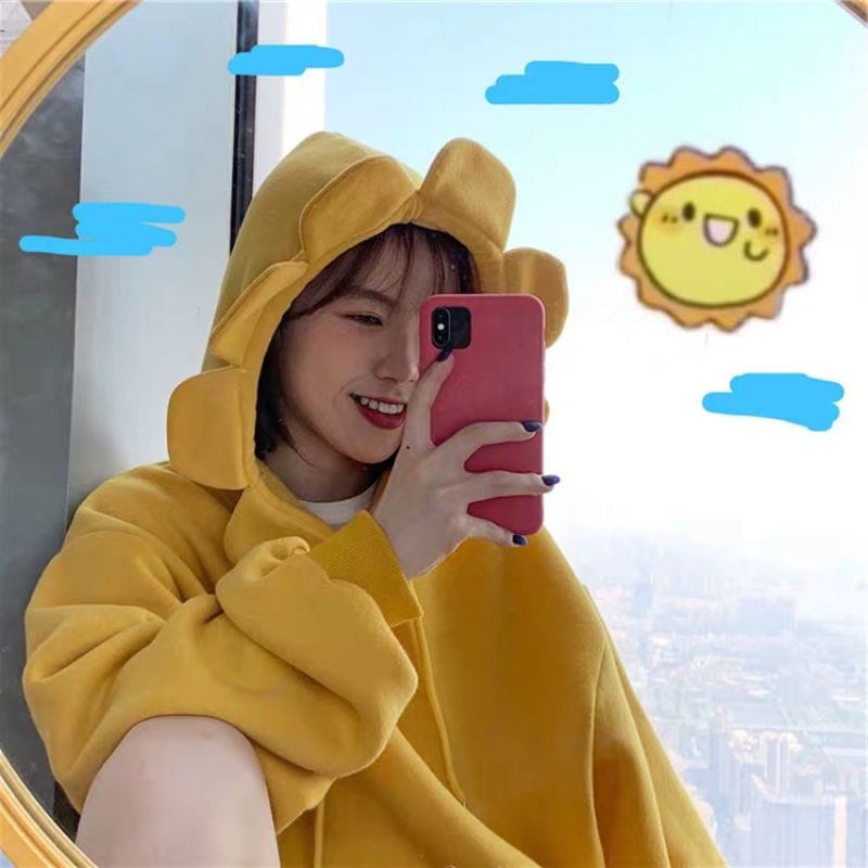 Sun Flower Sweater Cute Hoodie Oversize Wanita - Sweater Oversize Hoodie Sweatshirt Korean Style