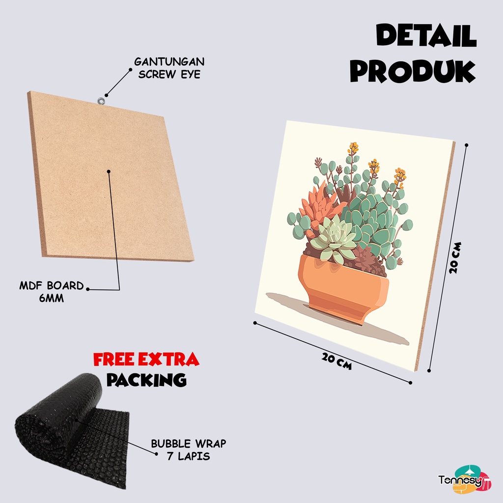 TENNESY Hiasan Dinding Kaktus Sukulen Floral 20x20CM Dekorasi Dinding Kamar Tidur Pajangan Kayu Poster Dekorasi Rumah