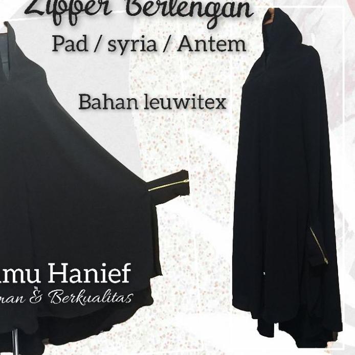 ☑ khimar Syar'i Jetblack  Zipper Berlengan bahan Jetblack leuwitex ➥