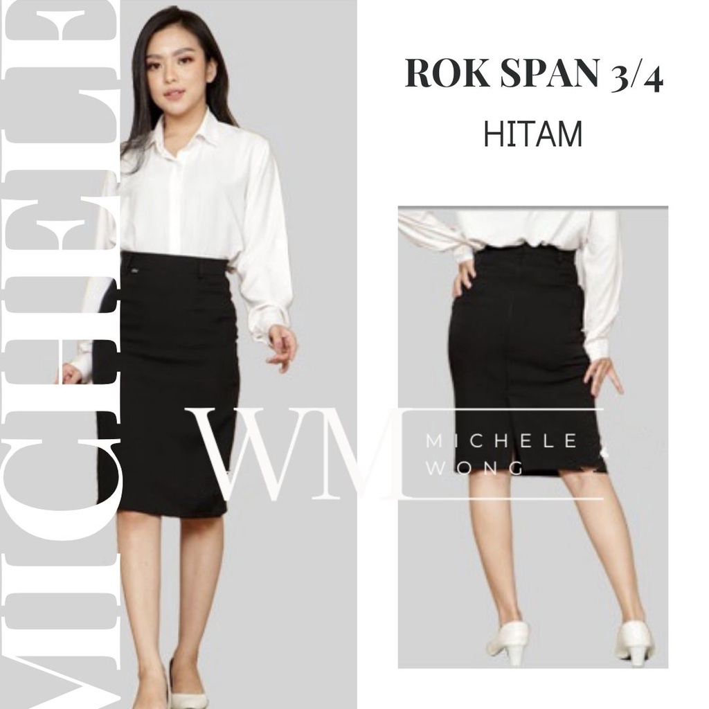 Rok Span Pendek 3/4 Selutut Hitam Belahan Belakang Wanita Kerja Kantor Formal