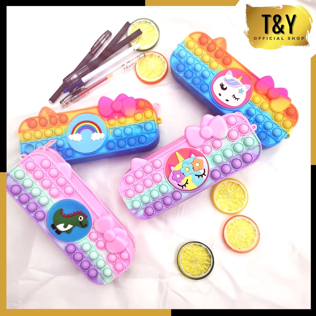 T&amp;Y Kotak Pensil Pop It Rainbow Tempat Pensil Popit Karakter Lucu Macaroon Tempat Penyimpanan Alat Tulis Anak Warna Warni