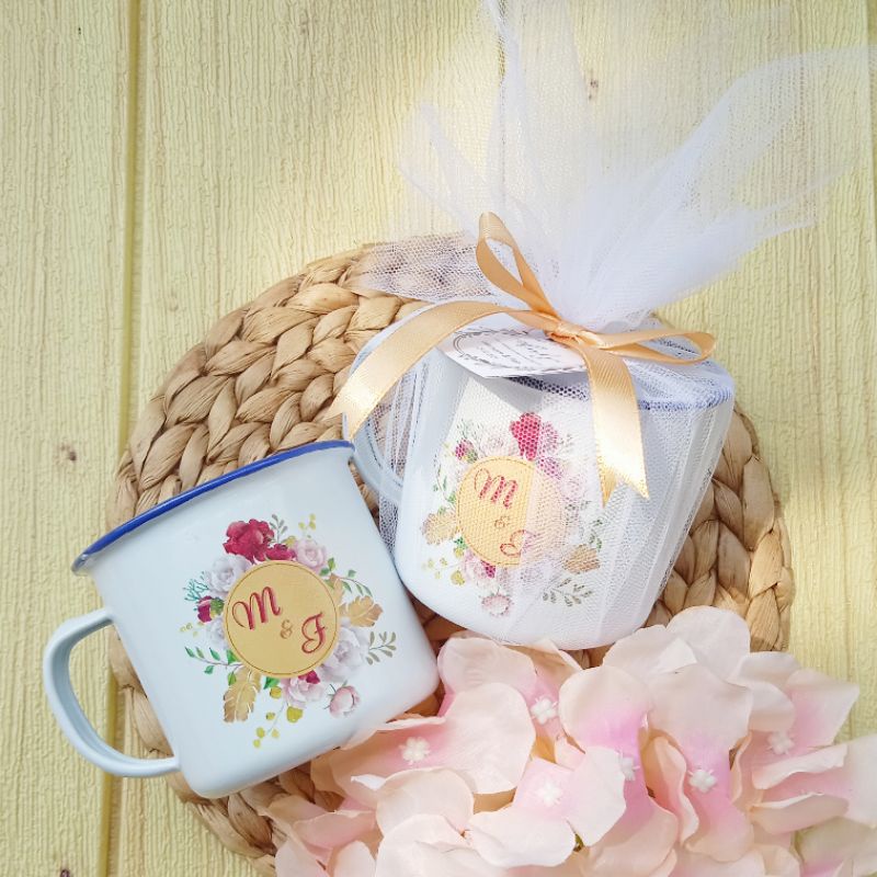 Souvenir pernikahan gelas cangkir mug enamel custom sablon aqiqah khitan