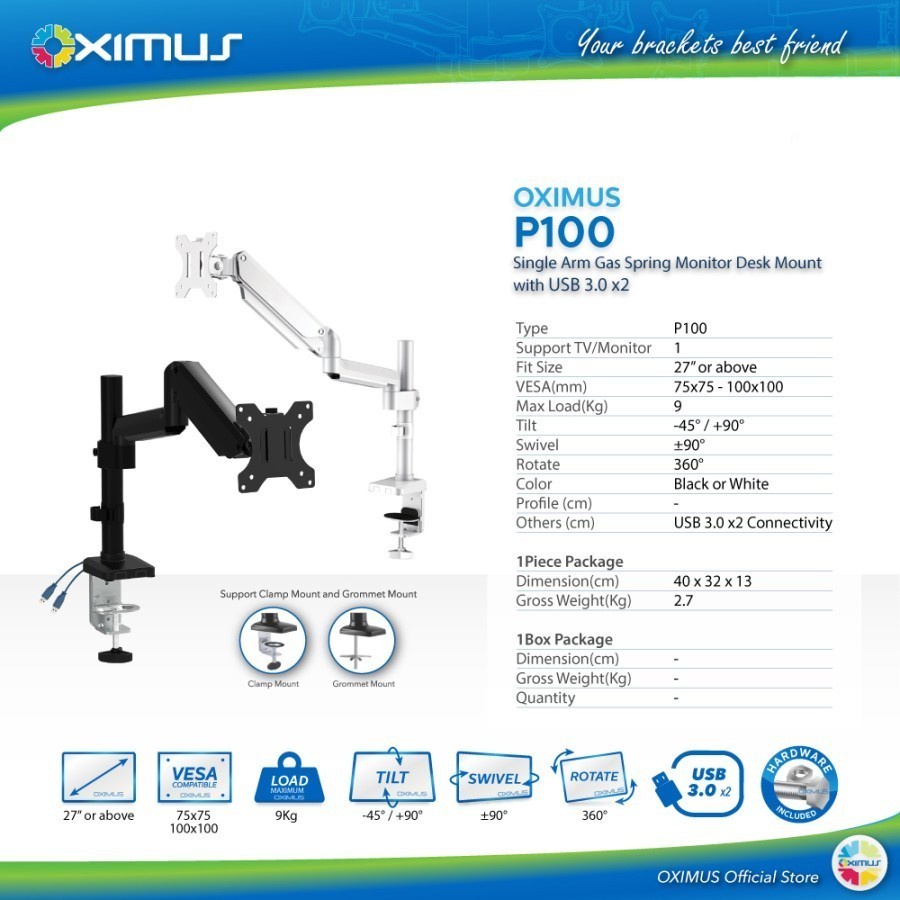 BRACKET MONITOR GAS SPRING OXIMUS P100 TILT SWIVEL ROTATE USB 3.0 x2 - Putih