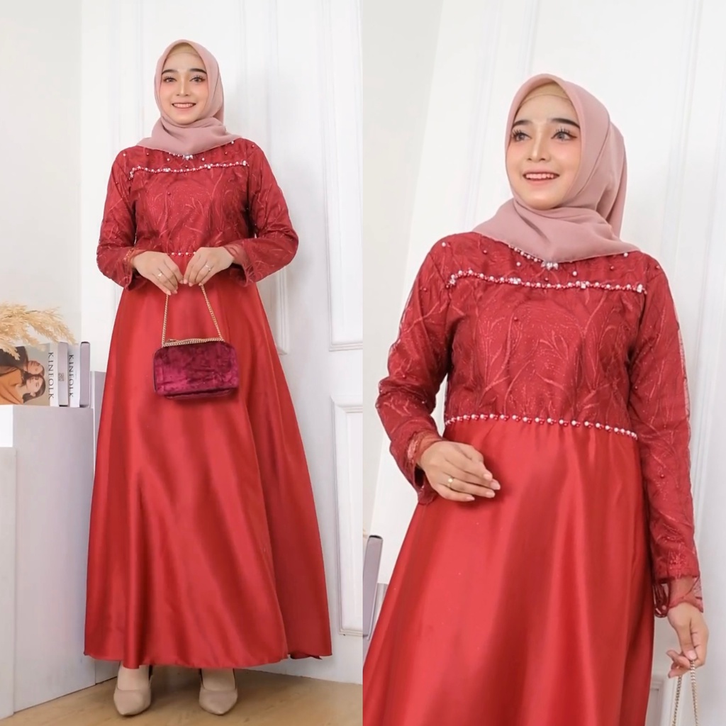 Gamis Hellen Dress Pesta Muslimah Belle Maxy Dress Kondangan Brokat LD90 LD100 LD110 LD120 LD130 Sonia Dres Tille Seragaman Brukat  Remaja Warna Dusty Rose Lavender Sage Green Navy Maroon Muslim Jumbo Baju Lebaran Terbaru Murah