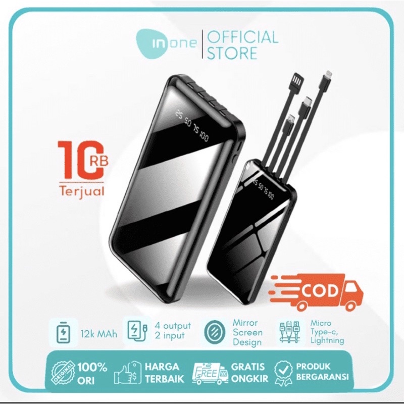 INONE Powerbank P22 12000mAh 4 Output 2 Input Tipe C Micro Lightning USB LED Display Pocket Size Pak