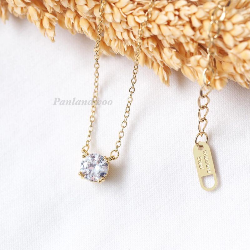 Kalung Titanium Permata Zircon Tunggal Awet Anti Karat 1502a1
