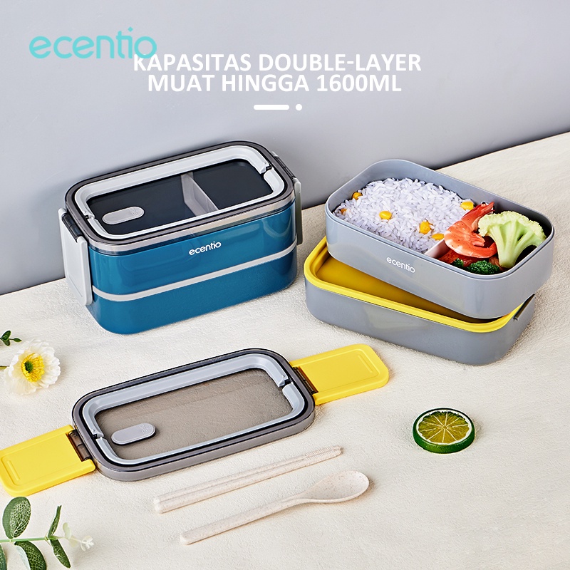 ecentio &amp; FOODI Double layer 800ml/1600ml 2/3 susun Anti Bocor/Kotak Bekal Makan Bento/Lunch Box tempat makanan Free sendok&amp;sumpit warna hijau/pink/puith/biru