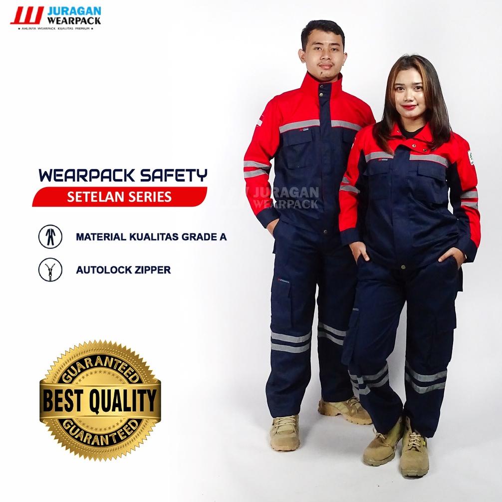 BISA COD Juragan Wearpack - Wearpack Safety Setelan Atasan Warna Merah Bawahan Biru Navy PROMO