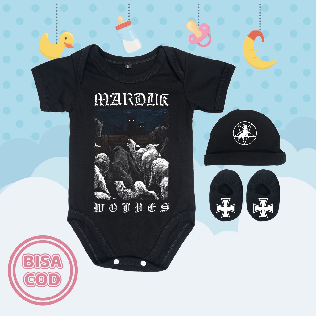 Baju Kodok Jumper Bayi Set Sepatu dan Topi Band Musik Black Metal Marduk Wolves
