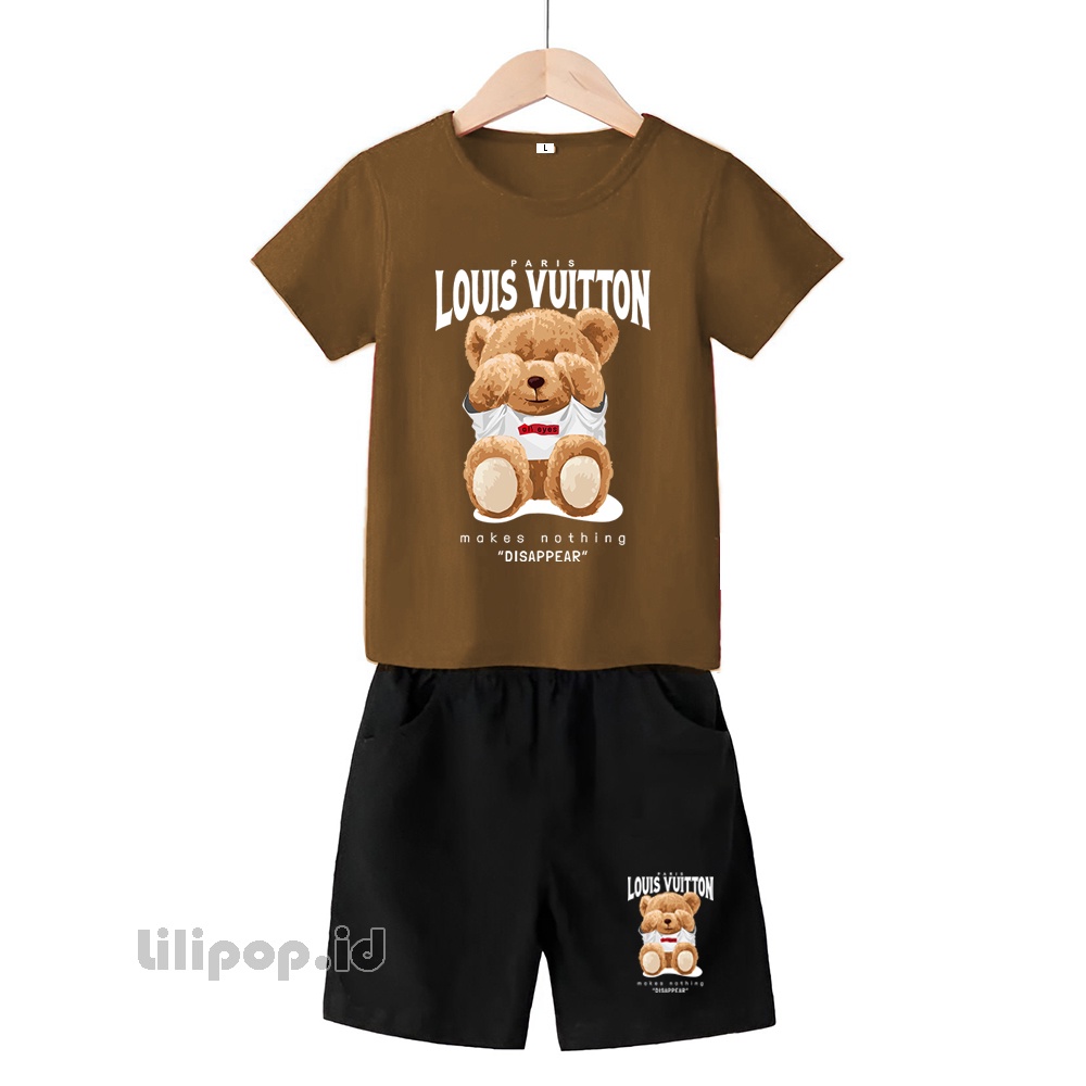 Baju Anak Stelan Kaos 3/4  Bear LV Cowok Cewek  Usia 1 - 4 Tahun Celana Pendek Harian