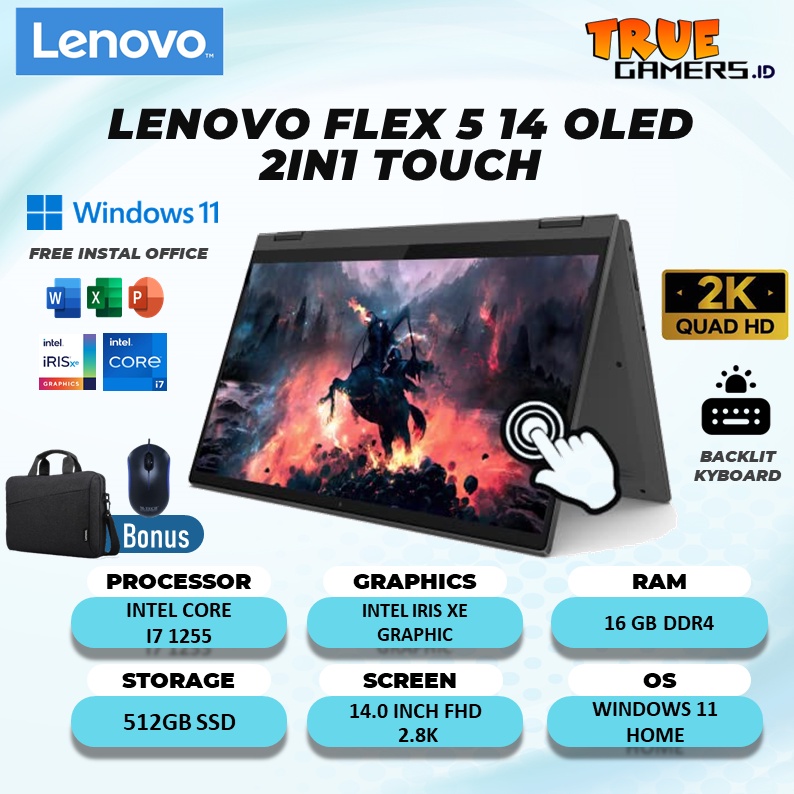 LAPTOP LENOVO FLEX 5 14 OLED 2IN1 TOUCH I7 1255 16GB 1TB SSD W11 14.0FHD 2.8K