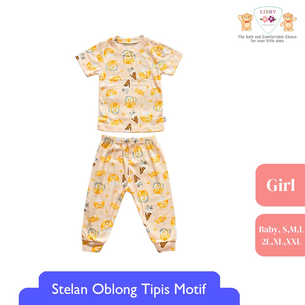 LIBBY Stelan Oblong Cotton Rib Pendek - Celana Panjang Series Girl Motif Happy Farm / Play The Ground (1stel)