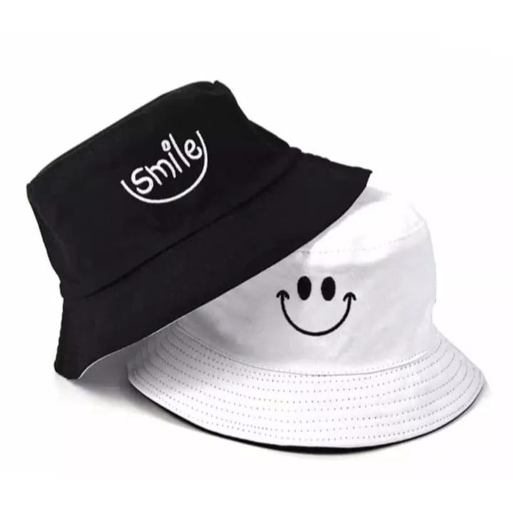 Topi Bucket Pria dan Wanita Motif Bordir Smile Face untuk Outdoor bolak balik