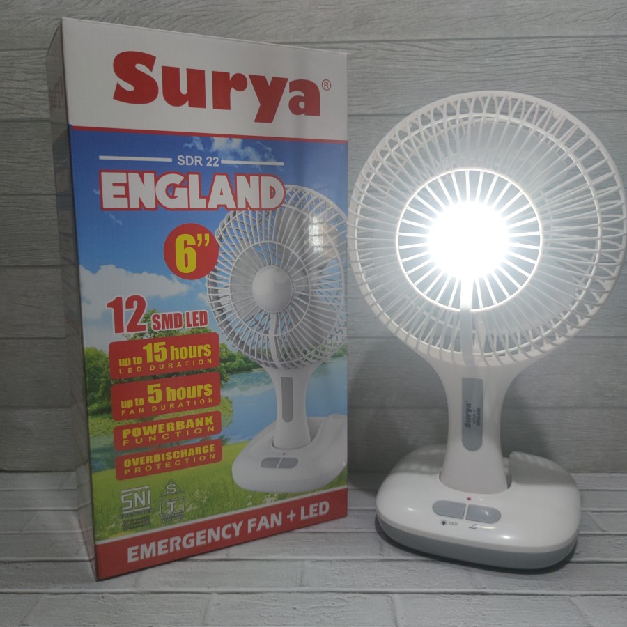 Surya England SDR 22 Kipas Angin + Lampu Emergency 6&quot; Inch Portable