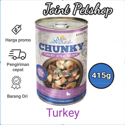 GRAB/GO-JEK ( 24 KALENG / 1 DUS ) Alps Natural Chunky Rasa Turkey Makanan Kaleng Anjing 415 gram