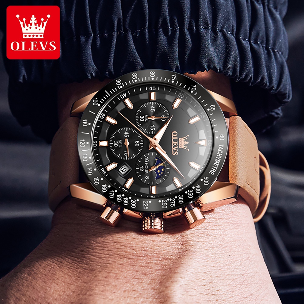 OLEVS Jam Tangan Pria Original Anti Air Kuarsa Kulit Bercahaya Luxury Chronograph Watch Men Cod 9957