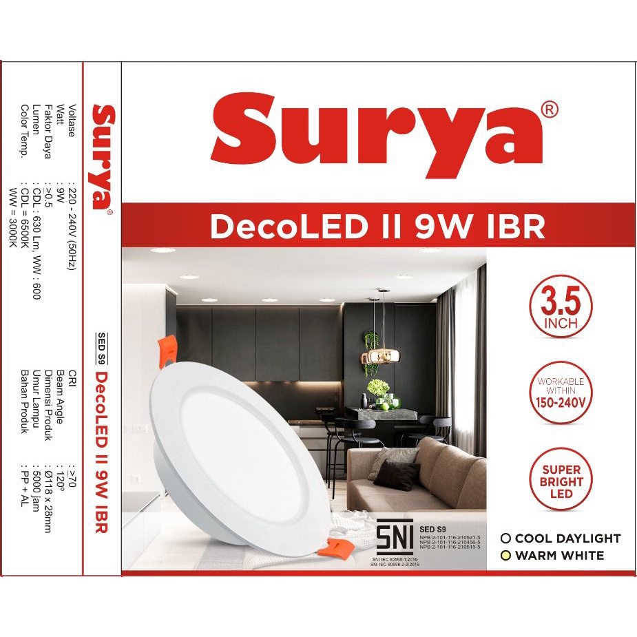 Surya Lampu LED Downlight Decoled II IBR 3 5 9 15 18 Watt Inbow Bulat Standar SNI