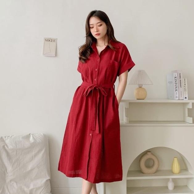 Midi Dress Wanita Lengan Pendek Merah Maroon / Dress Imlek / Red Dress